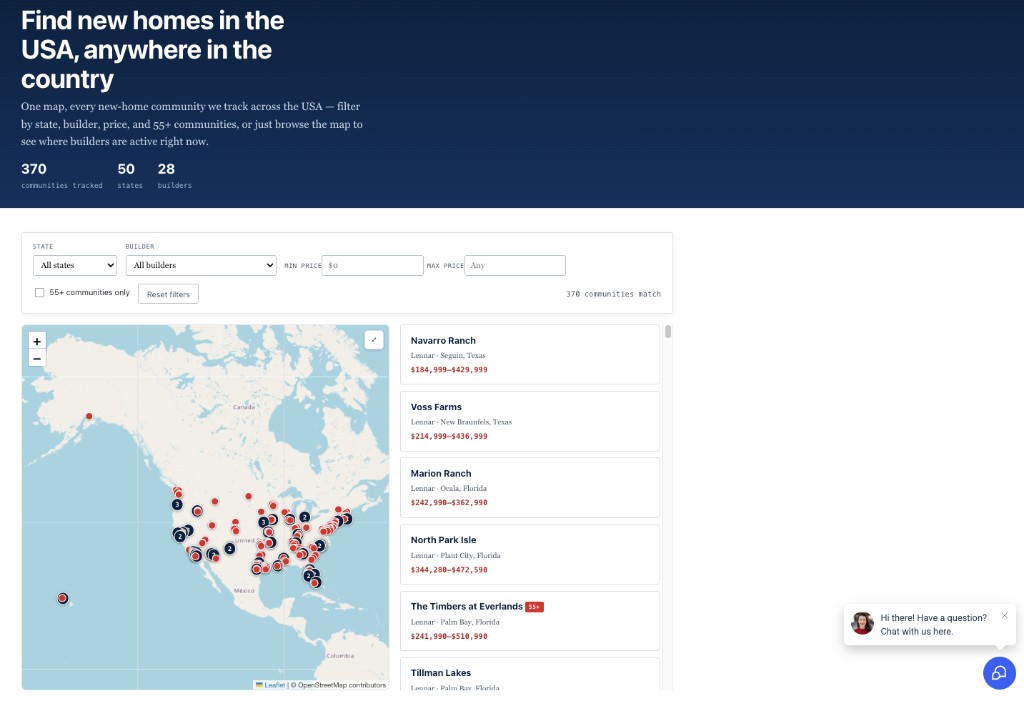 USA new homes and communities map — NewUSAHouses.com nationwide map preview used for Arkansas soft-gate access