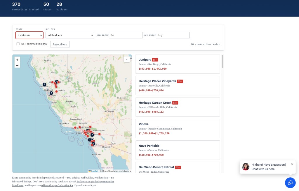 California new-home communities map and matching community list preview