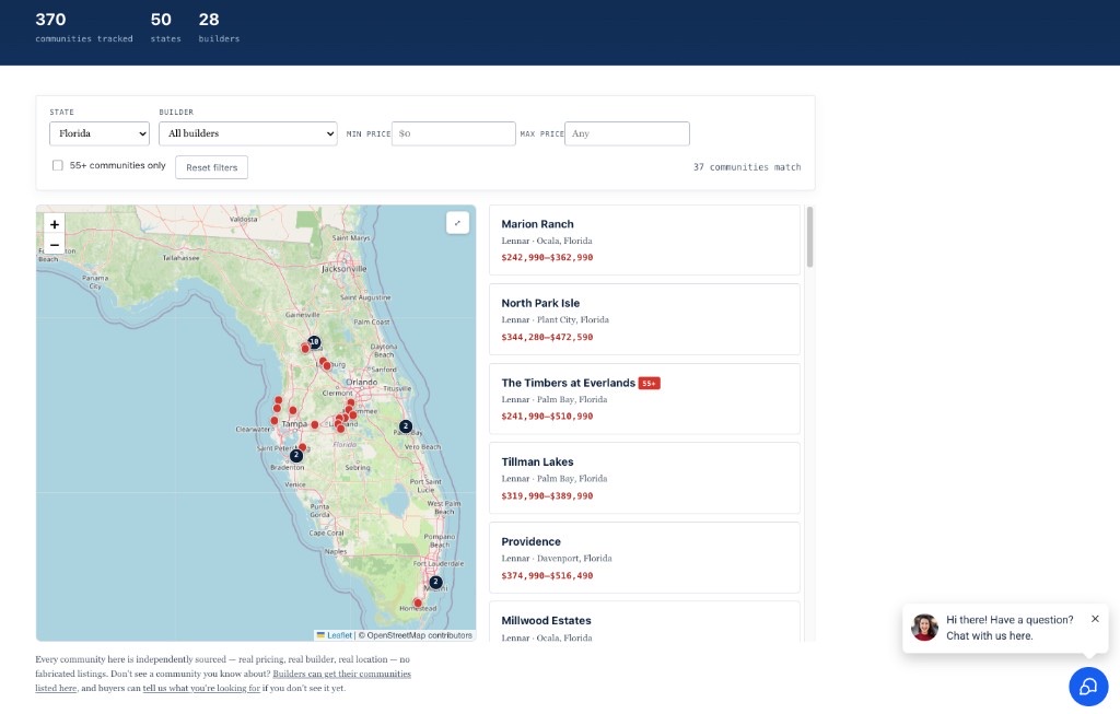 Florida new-home communities map and matching community list preview