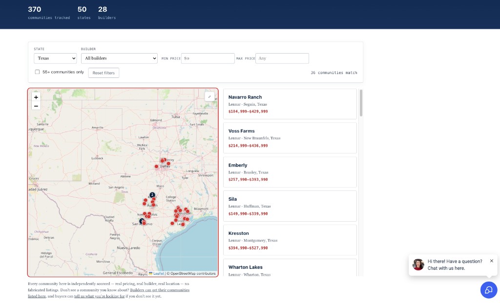 Texas new homes and communities map — NewUSAHouses.com Texas filter with map pins and community list