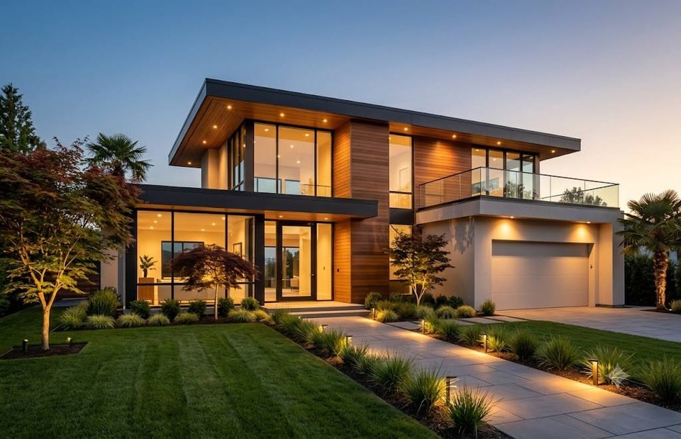 Modern new-construction home at dusk