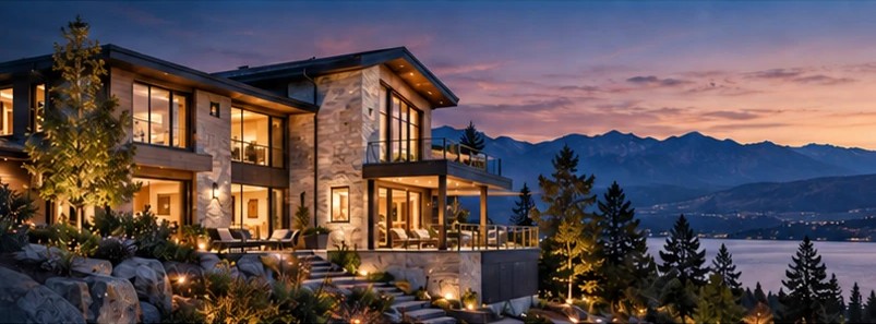 Lakeside home lit up at dusk