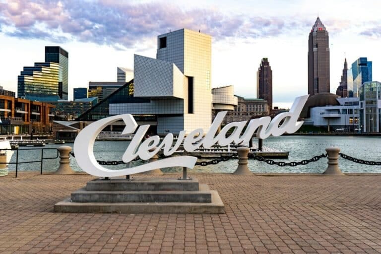 Cleveland real estate and architecture shows white and blue concrete building under blue sky during daytime, Cleveland Ohio Houses