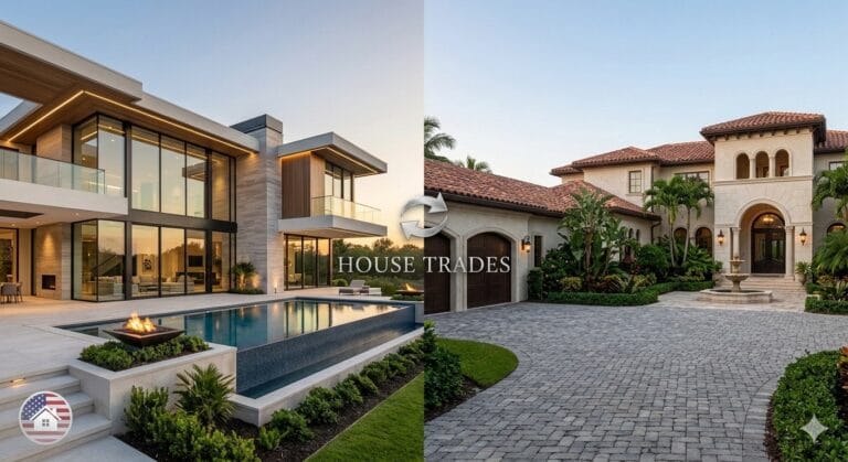House Trades with property owners successfully completing a home exchange by handing over their keys especially for USA houses. This symbolizes the personal connection and exciting new opportunities created by trading real estate on USAHouses.com.