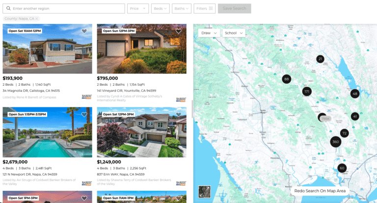 Napa County homes for sale sample search results