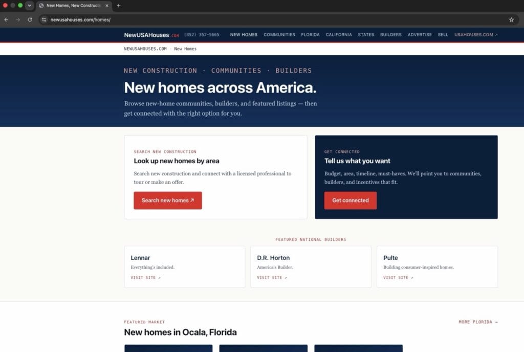 Screenshot of the NewUSAHouses.com homepage featuring new USA houses, new construction homes, national builders, and community searches.