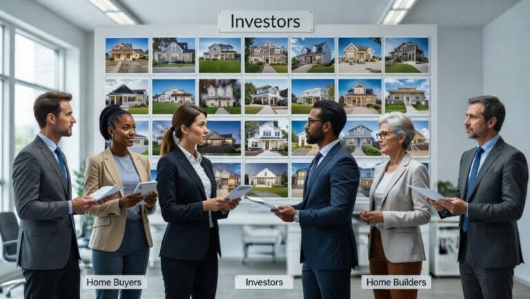 Investors, a diverse group of real estate professionals and clients, including home buyers, investors, and home builders, reviewing strategies of USA houses.