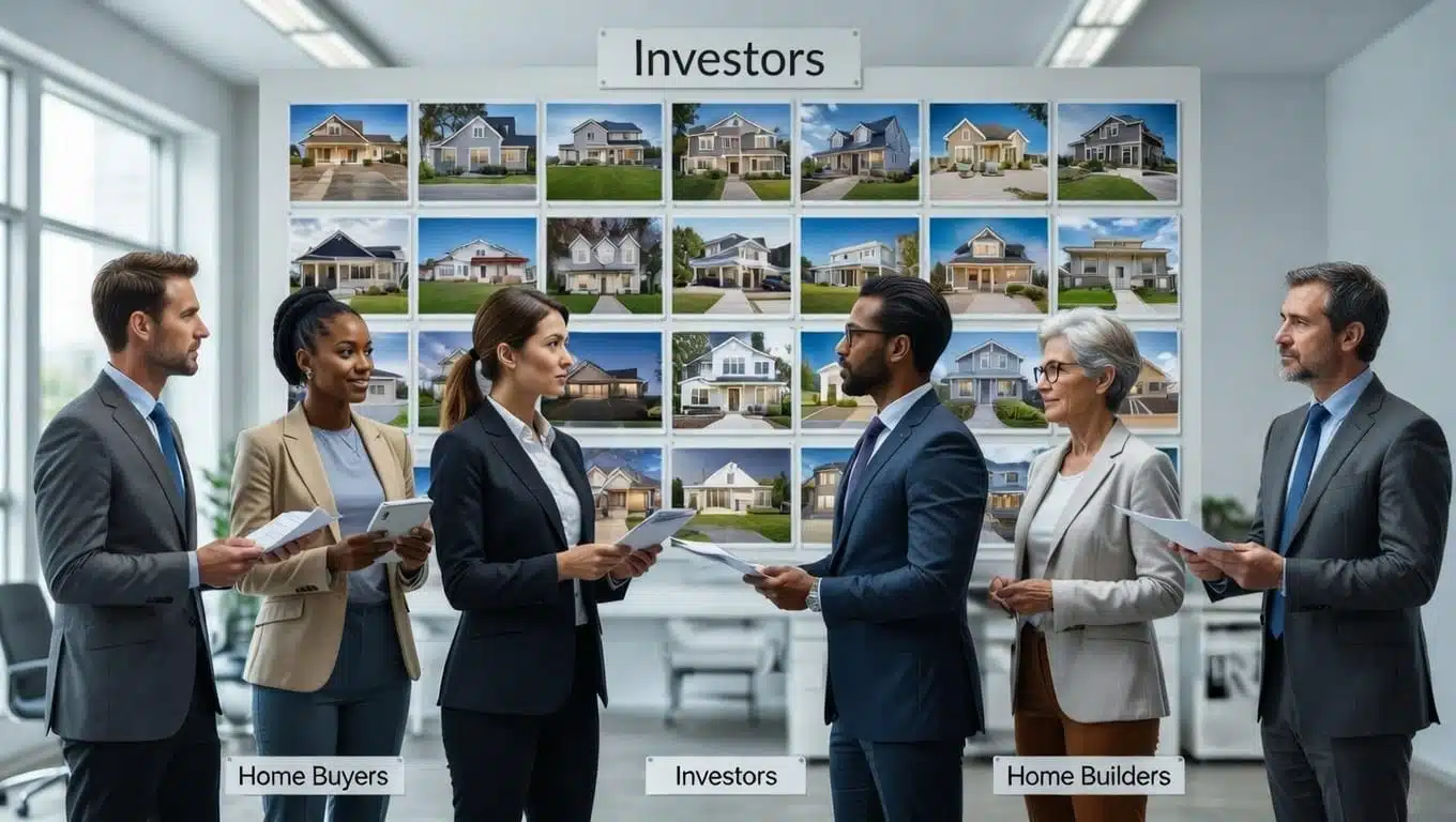 Investors, a diverse group of real estate professionals and clients, including home buyers, investors, and home builders, reviewing strategies of USA houses.