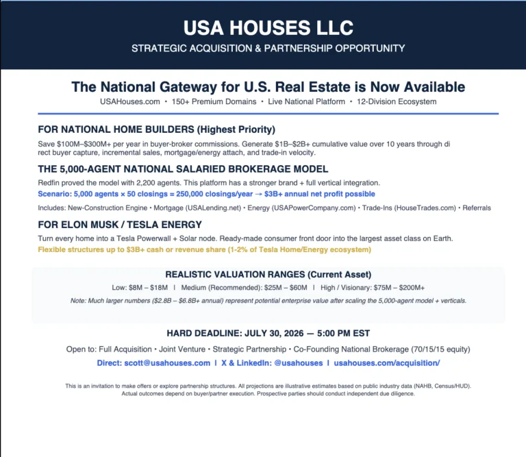 Sovereign Consumer Capture Infrastructure & 150+ Multi-Vertical Domain Moat Available for Private Treaty Acquisition. USA HOUSES LLC strategic acquisition and joint venture offering document highlighting a 150 plus domain ecosystem, high-velocity salaried agent financial models, and a multi-vertical real estate lifecycle platform overview.