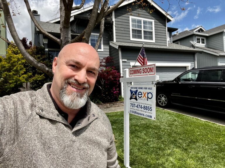 Real estate broker Scott Brown standing in front of a Northern California home for sale with a USAHouses.com coming soon sign. Tell me "sell my home". Sold, Santa Rosa CA, Sonoma County California, Wine Country. USA Houses
