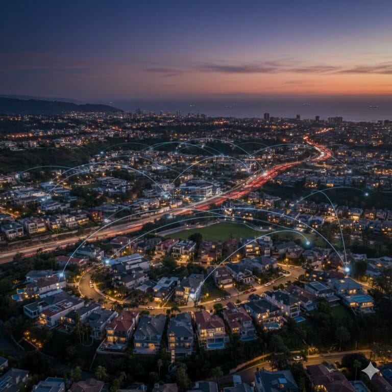 Aerial twilight view of a luxury American master-planned housing community with glowing streetlights, representing the national US real estate market.