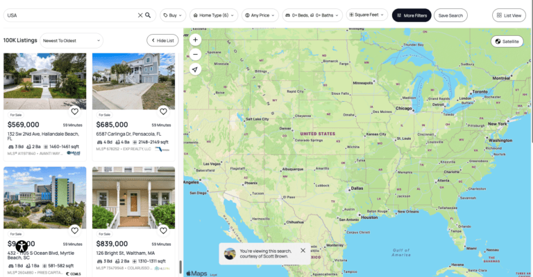 Interactive map search interface on USAHouses.com showing property listings and a geographical map of homes for sale across the United States.
