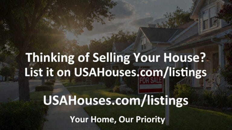 A Marketplace Listings Overview infographic illustration with two sections that reads Thinking of Selling Your House? List in on USAHouses.com/listings USAHouses.com/listings Your Home, Our Priority Find property for sale there or list it, USA Houses and other property.