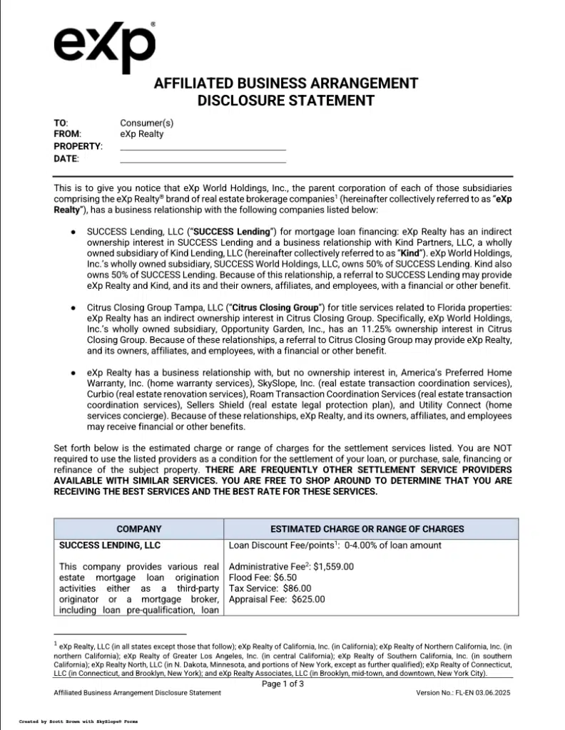 eXp Realty ABA Affiliated Business Arrangement page 1 for disclosures & compliance