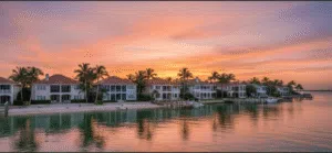 Sunset view of waterfront USA houses and luxury properties - USAHouses.com