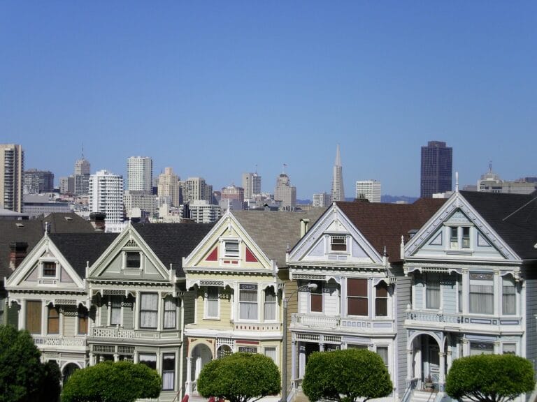 Modern suburban house for rent with a spacious driveway and professional landscaping. San Francisco Painted Ladies