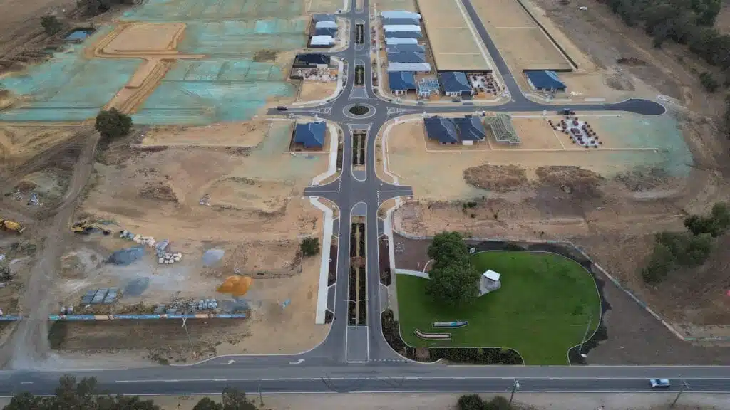New USA Houses are being built across America. An aerial view of a construction site in the middle of nowhere