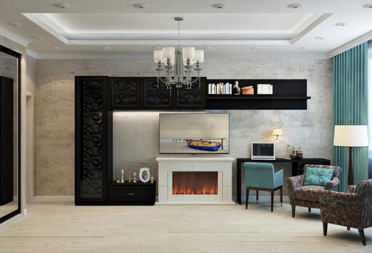 Elegant modern interior living room with fireplace and stylish decor. Sonoma County California or Florida style living room. Ocala homes like this are nice.