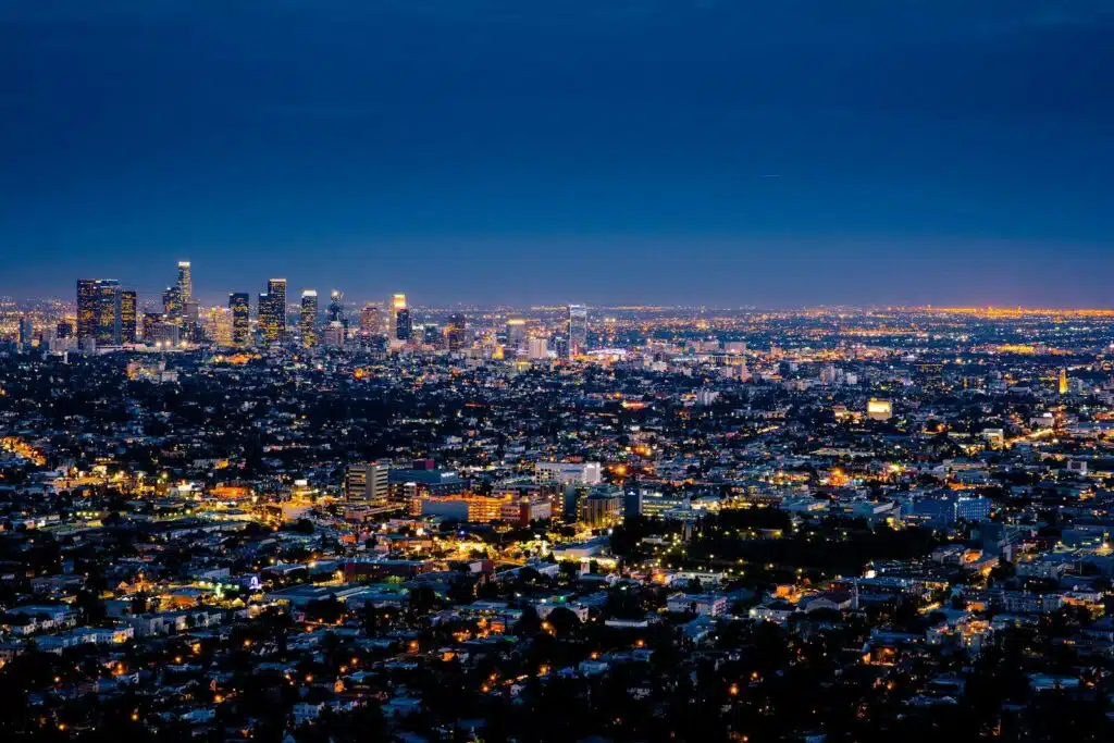 aerial photography of los angeles cityscape at night