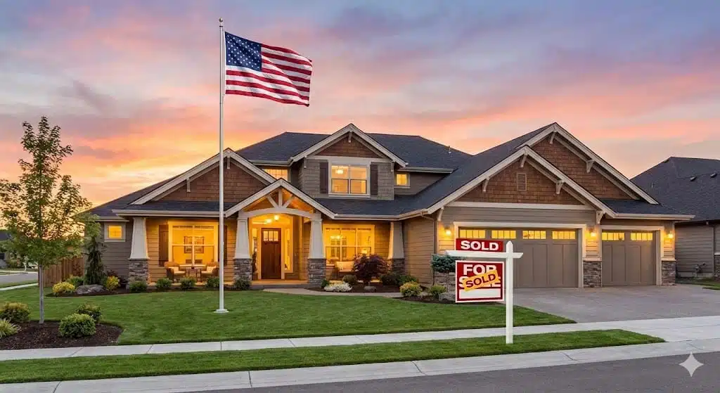 A luxury American craftsman home at sunset with a large US flag and a 'SOLD' sign on the front lawn, representing selling USA houses for top dollar with an expert Realtor.