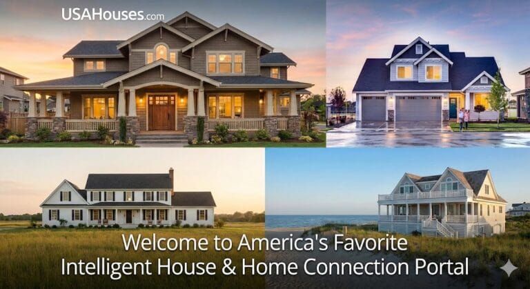 International House Buyers have plenty of choices here. Collage of diverse American homes including a craftsman bungalow, modern farmhouse, and coastal estate representing the USA Houses national real estate portal.